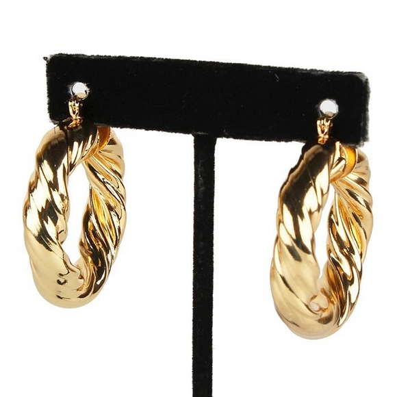 Twisted Gold Metal 2" Hoop Earrings Thick Textured Casual Everyday Jewelry - Picture 1 of 3